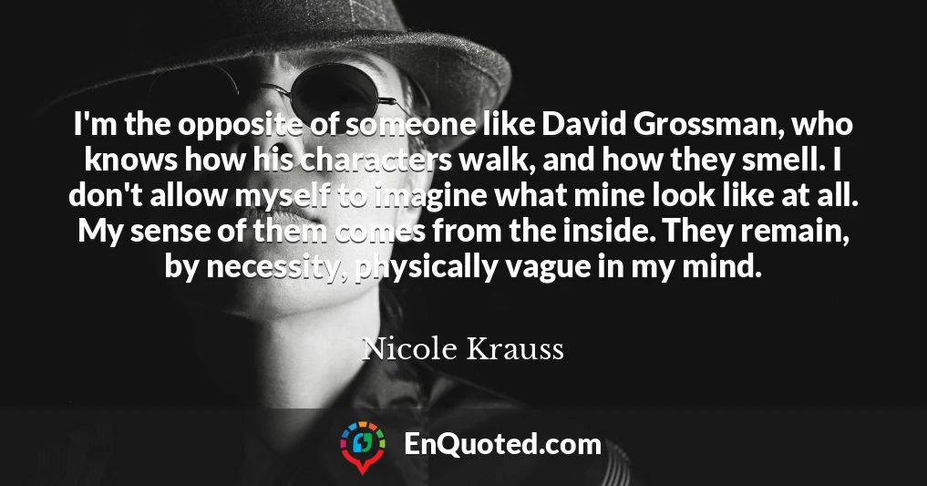 I'm the opposite of someone like David Grossman, who knows how his characters walk, and how they smell. I don't allow myself to imagine what mine look like at all. My sense of them comes from the inside. They remain, by necessity, physically vague in my mind.