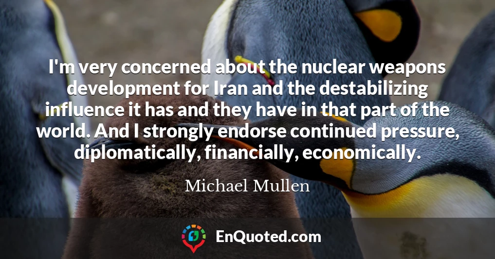 I'm very concerned about the nuclear weapons development for Iran and the destabilizing influence it has and they have in that part of the world. And I strongly endorse continued pressure, diplomatically, financially, economically.