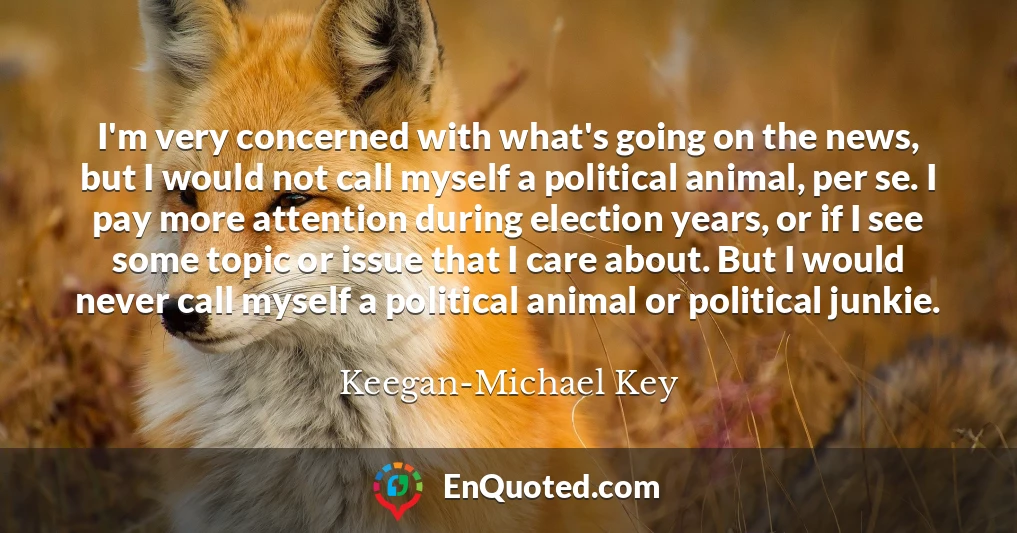 I'm very concerned with what's going on the news, but I would not call myself a political animal, per se. I pay more attention during election years, or if I see some topic or issue that I care about. But I would never call myself a political animal or political junkie.