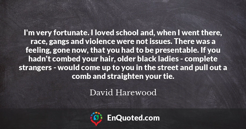 I'm very fortunate. I loved school and, when I went there, race, gangs and violence were not issues. There was a feeling, gone now, that you had to be presentable. If you hadn't combed your hair, older black ladies - complete strangers - would come up to you in the street and pull out a comb and straighten your tie.