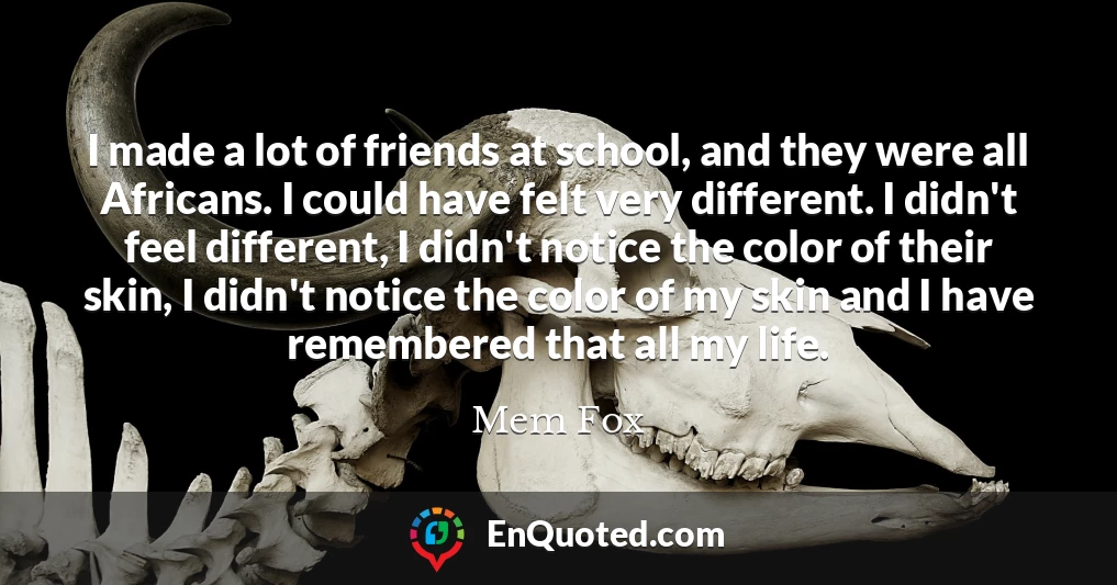 I made a lot of friends at school, and they were all Africans. I could have felt very different. I didn't feel different, I didn't notice the color of their skin, I didn't notice the color of my skin and I have remembered that all my life.