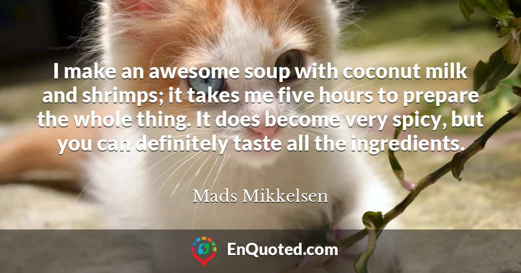 I make an awesome soup with coconut milk and shrimps; it takes me five hours to prepare the whole thing. It does become very spicy, but you can definitely taste all the ingredients.