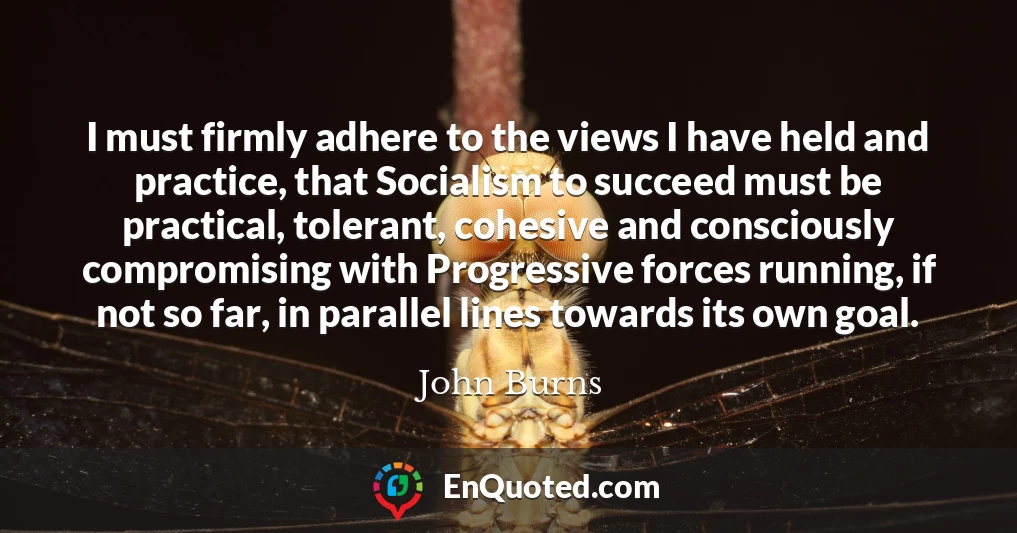 I must firmly adhere to the views I have held and practice, that Socialism to succeed must be practical, tolerant, cohesive and consciously compromising with Progressive forces running, if not so far, in parallel lines towards its own goal.