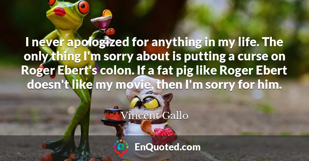 I never apologized for anything in my life. The only thing I'm sorry about is putting a curse on Roger Ebert's colon. If a fat pig like Roger Ebert doesn't like my movie, then I'm sorry for him.