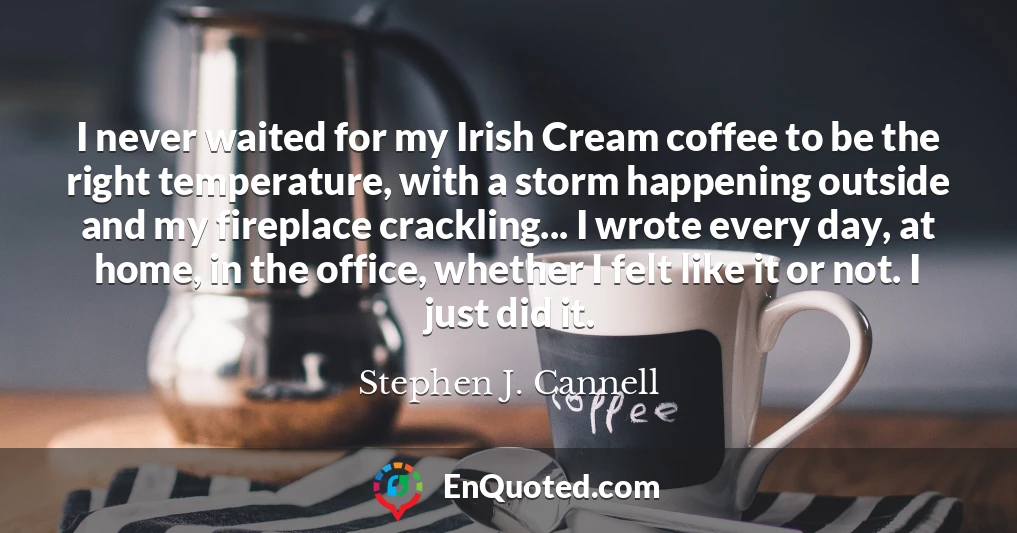 I never waited for my Irish Cream coffee to be the right temperature, with a storm happening outside and my fireplace crackling... I wrote every day, at home, in the office, whether I felt like it or not. I just did it.