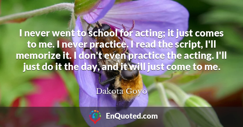 I never went to school for acting; it just comes to me. I never practice. I read the script, I'll memorize it. I don't even practice the acting. I'll just do it the day, and it will just come to me.