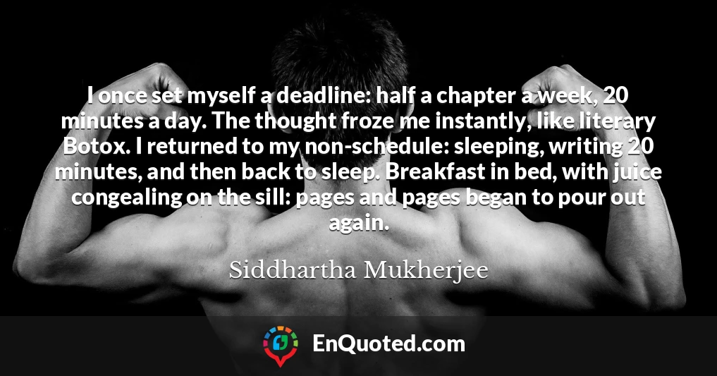 I once set myself a deadline: half a chapter a week, 20 minutes a day. The thought froze me instantly, like literary Botox. I returned to my non-schedule: sleeping, writing 20 minutes, and then back to sleep. Breakfast in bed, with juice congealing on the sill: pages and pages began to pour out again.