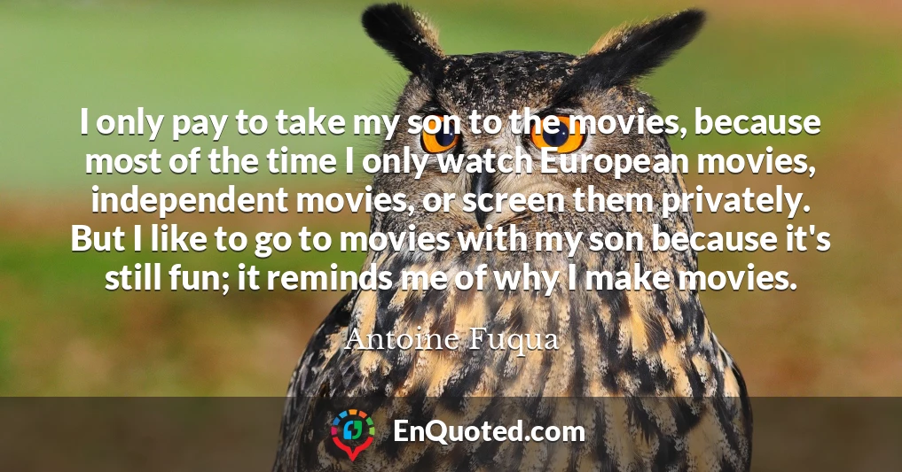 I only pay to take my son to the movies, because most of the time I only watch European movies, independent movies, or screen them privately. But I like to go to movies with my son because it's still fun; it reminds me of why I make movies.