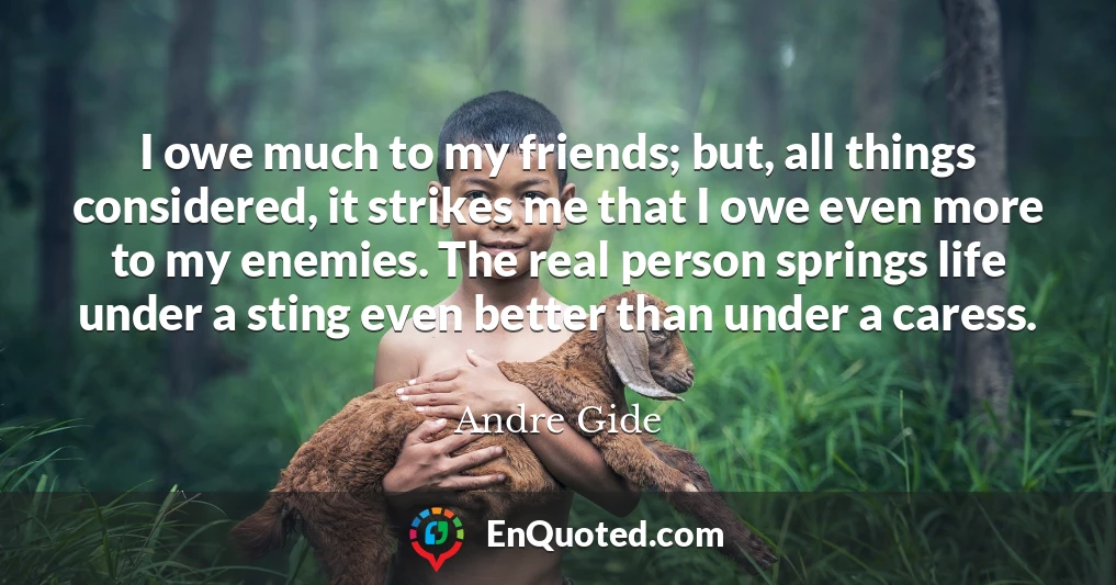 I owe much to my friends; but, all things considered, it strikes me that I owe even more to my enemies. The real person springs life under a sting even better than under a caress.