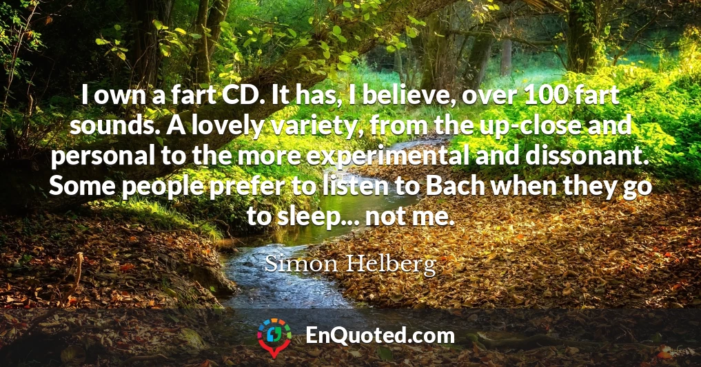 I own a fart CD. It has, I believe, over 100 fart sounds. A lovely variety, from the up-close and personal to the more experimental and dissonant. Some people prefer to listen to Bach when they go to sleep... not me.