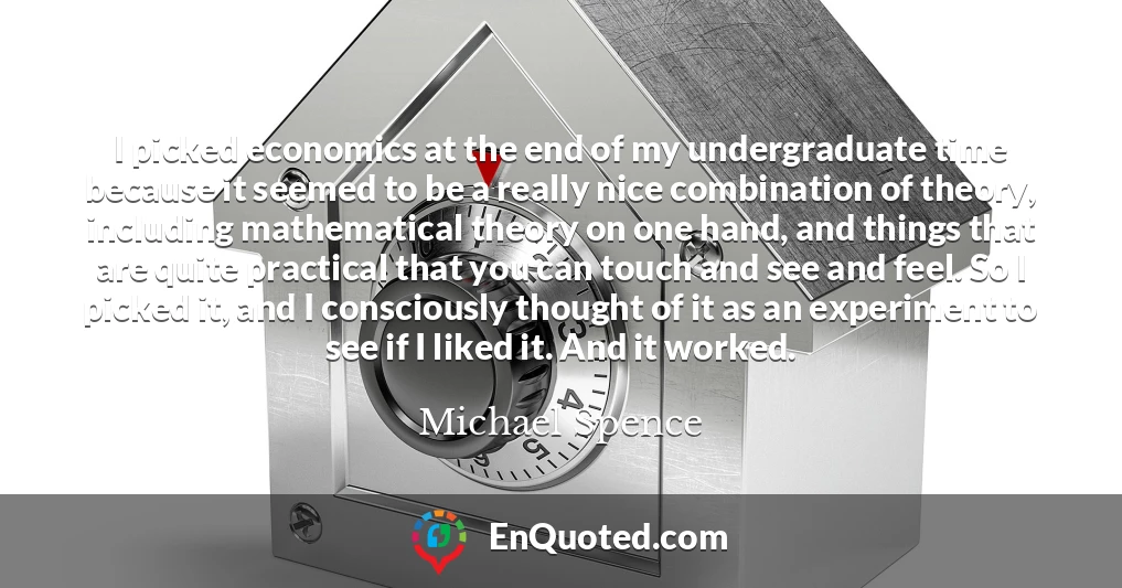 I picked economics at the end of my undergraduate time because it seemed to be a really nice combination of theory, including mathematical theory on one hand, and things that are quite practical that you can touch and see and feel. So I picked it, and I consciously thought of it as an experiment to see if I liked it. And it worked.