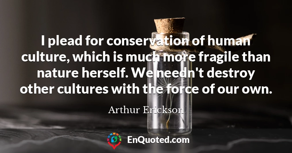 I plead for conservation of human culture, which is much more fragile than nature herself. We needn't destroy other cultures with the force of our own.