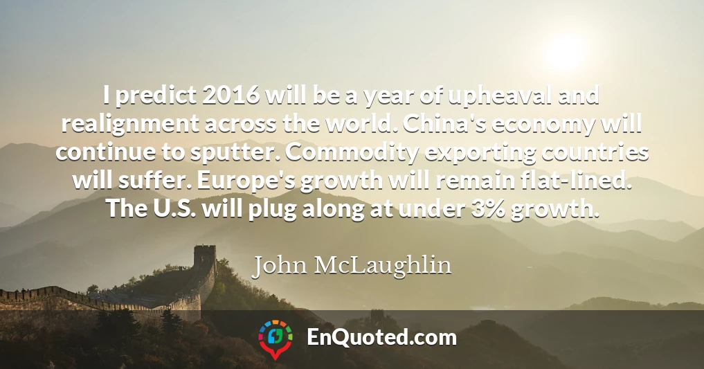 I predict 2016 will be a year of upheaval and realignment across the world. China's economy will continue to sputter. Commodity exporting countries will suffer. Europe's growth will remain flat-lined. The U.S. will plug along at under 3% growth.