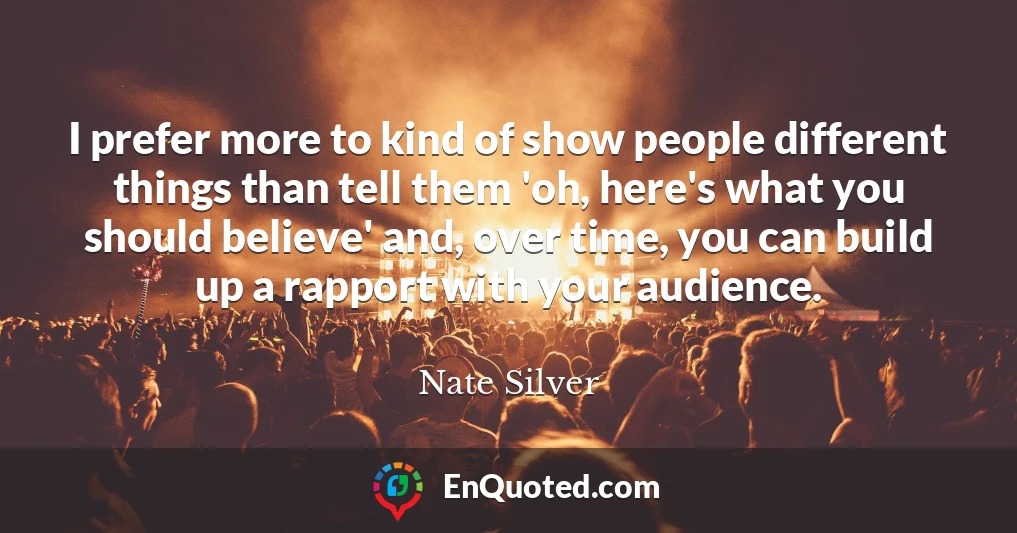 I prefer more to kind of show people different things than tell them 'oh, here's what you should believe' and, over time, you can build up a rapport with your audience.