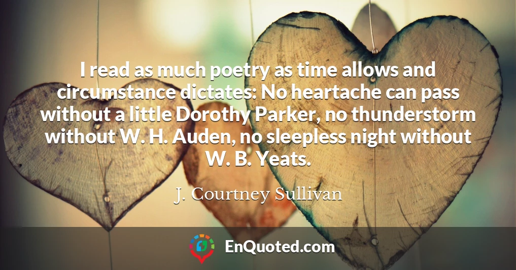 I read as much poetry as time allows and circumstance dictates: No heartache can pass without a little Dorothy Parker, no thunderstorm without W. H. Auden, no sleepless night without W. B. Yeats.