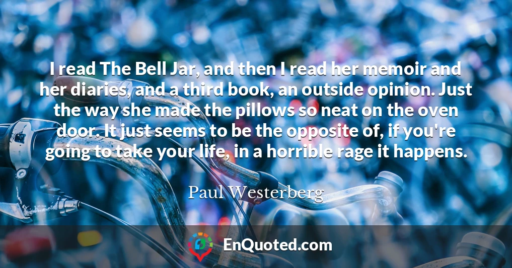 I read The Bell Jar, and then I read her memoir and her diaries, and a third book, an outside opinion. Just the way she made the pillows so neat on the oven door. It just seems to be the opposite of, if you're going to take your life, in a horrible rage it happens.