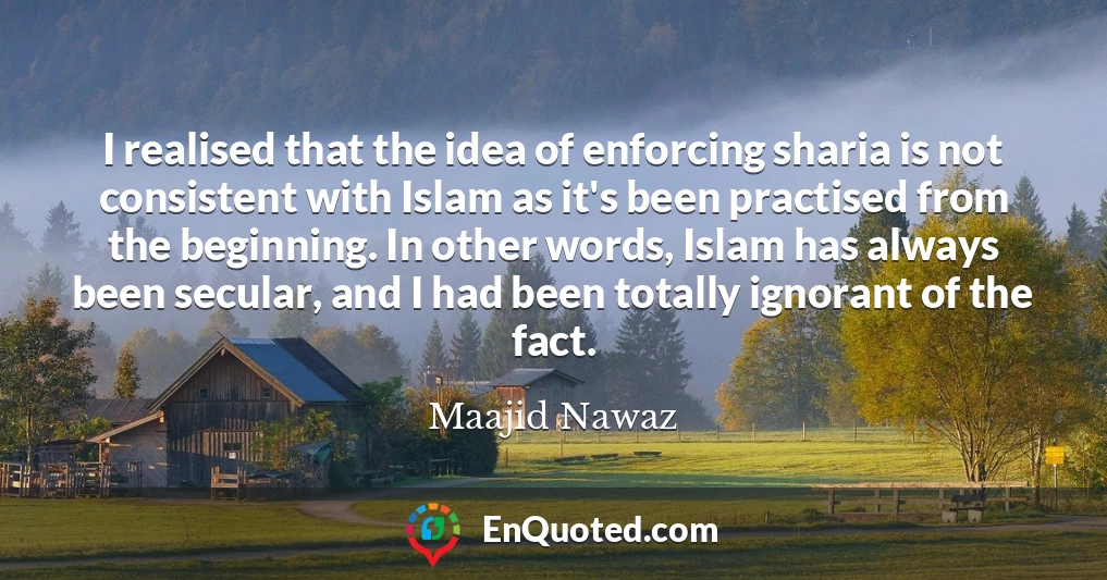 I realised that the idea of enforcing sharia is not consistent with Islam as it's been practised from the beginning. In other words, Islam has always been secular, and I had been totally ignorant of the fact.