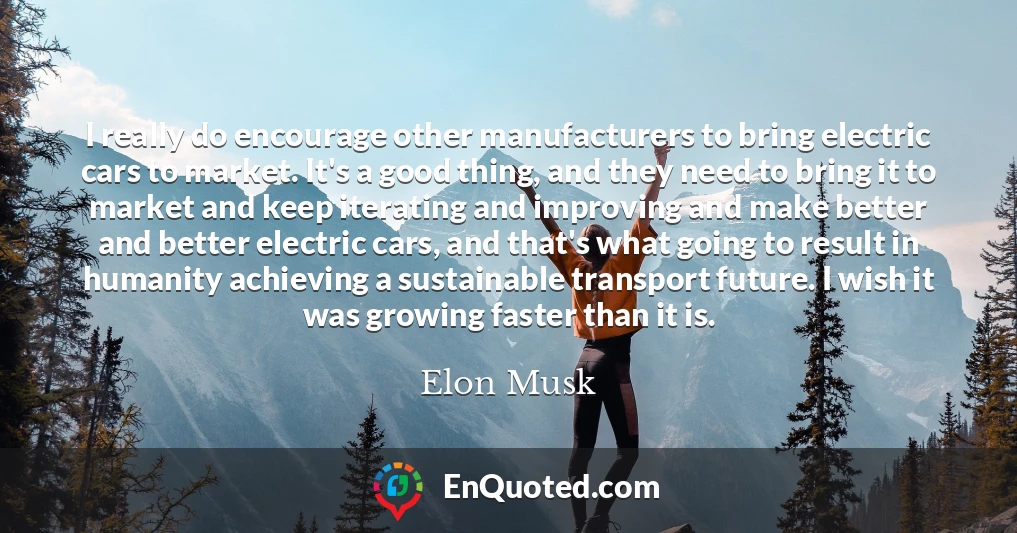 I really do encourage other manufacturers to bring electric cars to market. It's a good thing, and they need to bring it to market and keep iterating and improving and make better and better electric cars, and that's what going to result in humanity achieving a sustainable transport future. I wish it was growing faster than it is.