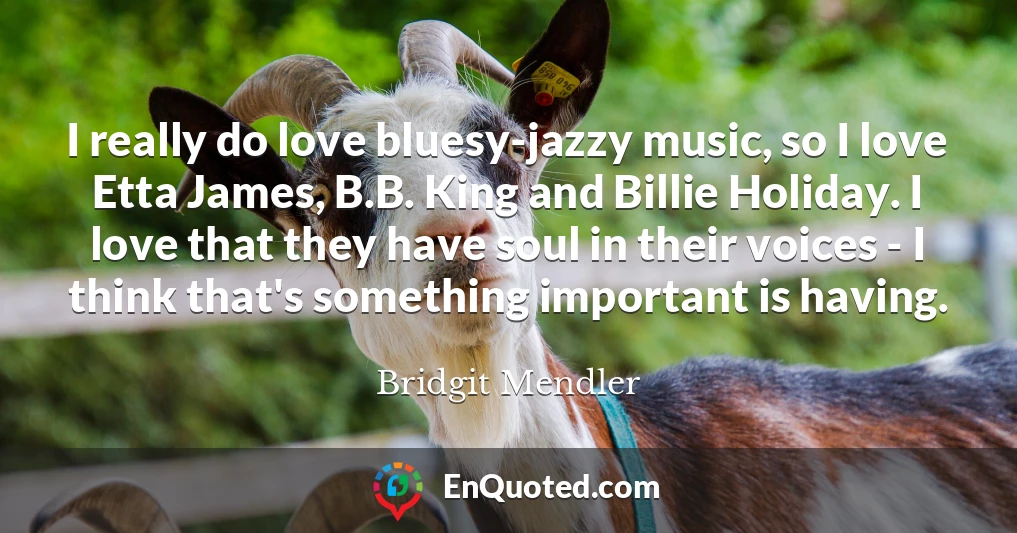 I really do love bluesy-jazzy music, so I love Etta James, B.B. King and Billie Holiday. I love that they have soul in their voices - I think that's something important is having.