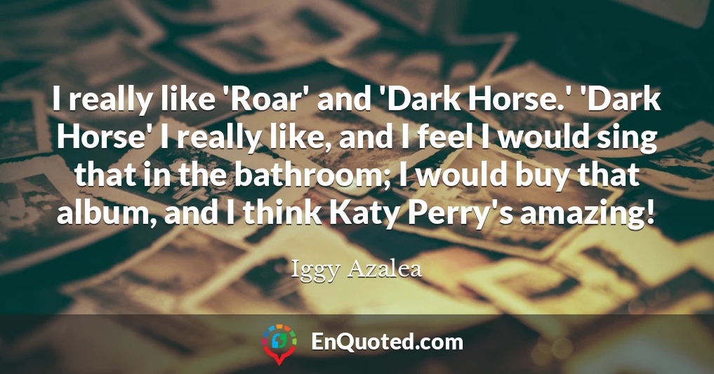 I really like 'Roar' and 'Dark Horse.' 'Dark Horse' I really like, and I feel I would sing that in the bathroom; I would buy that album, and I think Katy Perry's amazing!