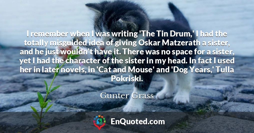 I remember when I was writing 'The Tin Drum,' I had the totally misguided idea of giving Oskar Matzerath a sister, and he just wouldn't have it. There was no space for a sister, yet I had the character of the sister in my head. In fact I used her in later novels, in 'Cat and Mouse' and 'Dog Years,' Tulla Pokriski.