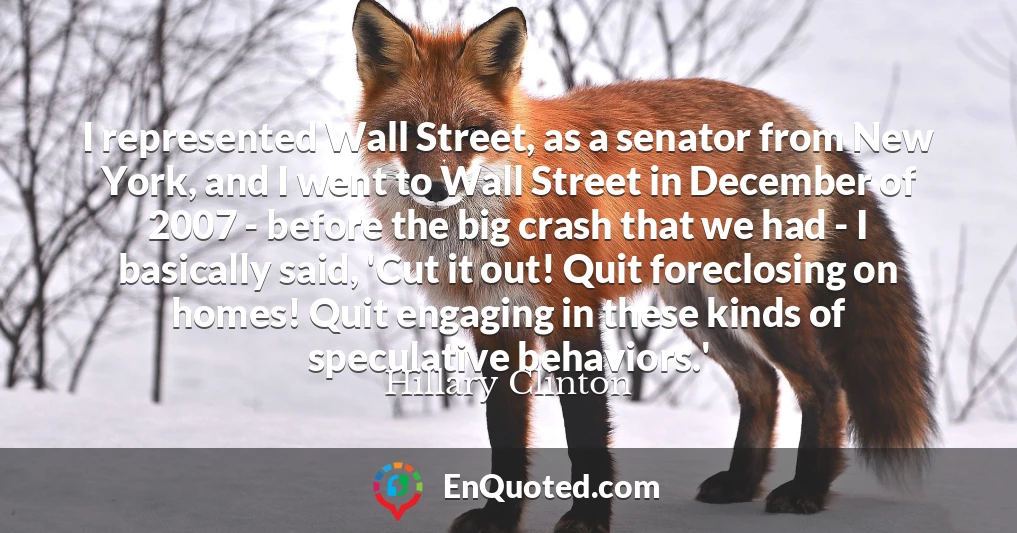 I represented Wall Street, as a senator from New York, and I went to Wall Street in December of 2007 - before the big crash that we had - I basically said, 'Cut it out! Quit foreclosing on homes! Quit engaging in these kinds of speculative behaviors.'