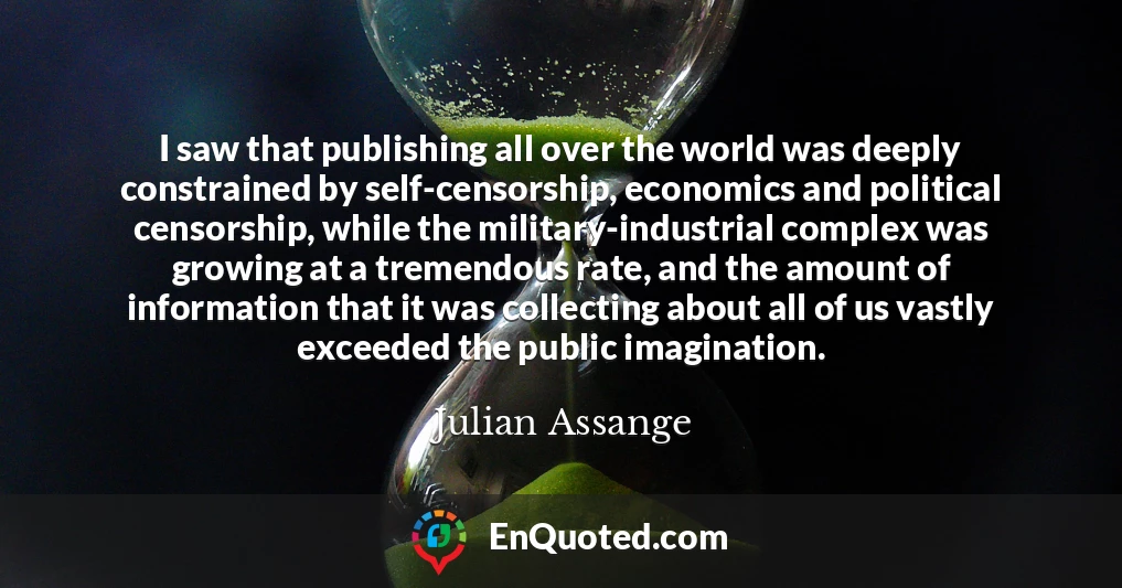 I saw that publishing all over the world was deeply constrained by self-censorship, economics and political censorship, while the military-industrial complex was growing at a tremendous rate, and the amount of information that it was collecting about all of us vastly exceeded the public imagination.