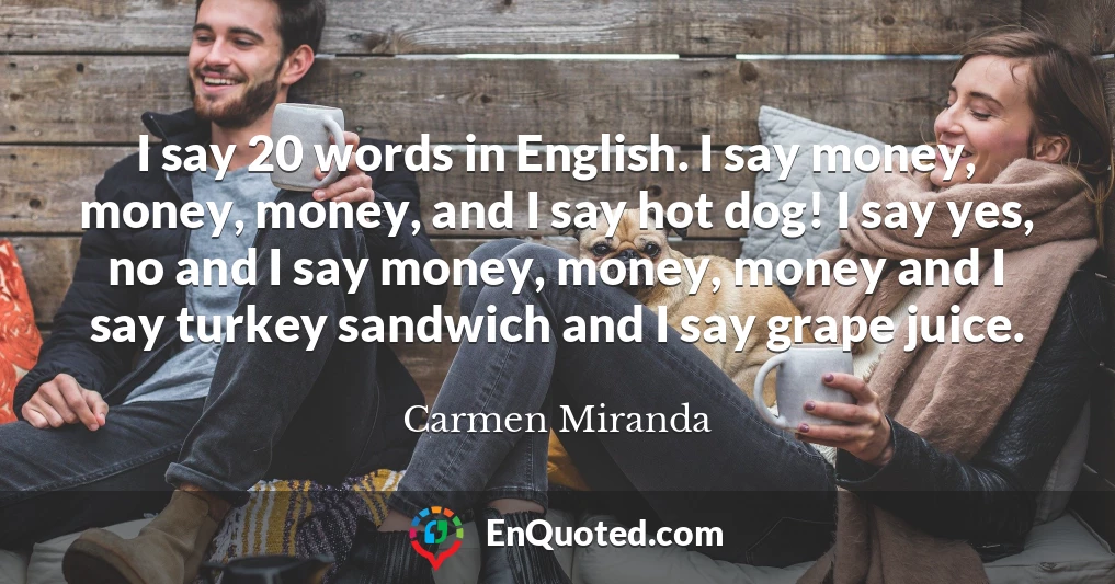 I say 20 words in English. I say money, money, money, and I say hot dog! I say yes, no and I say money, money, money and I say turkey sandwich and I say grape juice.