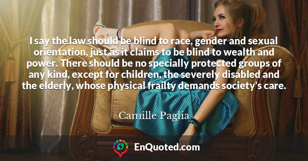 I say the law should be blind to race, gender and sexual orientation, just as it claims to be blind to wealth and power. There should be no specially protected groups of any kind, except for children, the severely disabled and the elderly, whose physical frailty demands society's care.