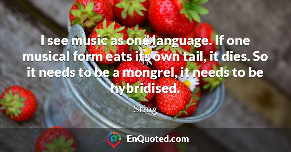 I see music as one language. If one musical form eats its own tail, it dies. So it needs to be a mongrel, it needs to be hybridised.