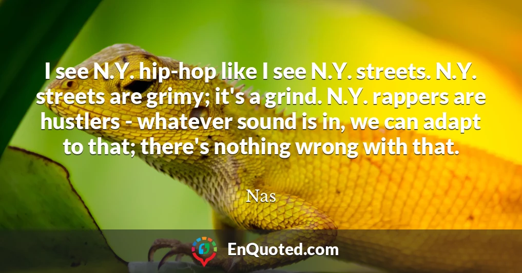 I see N.Y. hip-hop like I see N.Y. streets. N.Y. streets are grimy; it's a grind. N.Y. rappers are hustlers - whatever sound is in, we can adapt to that; there's nothing wrong with that.