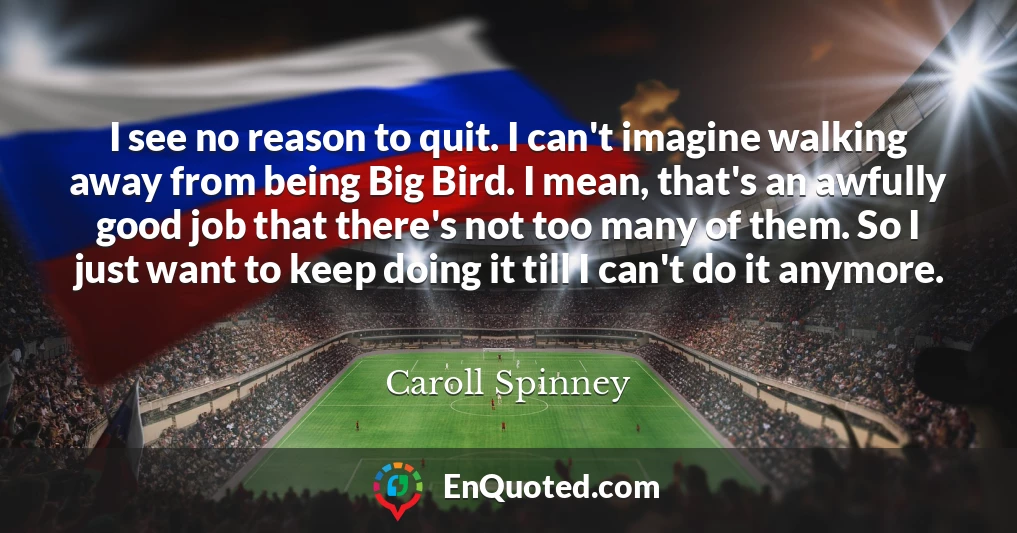 I see no reason to quit. I can't imagine walking away from being Big Bird. I mean, that's an awfully good job that there's not too many of them. So I just want to keep doing it till I can't do it anymore.