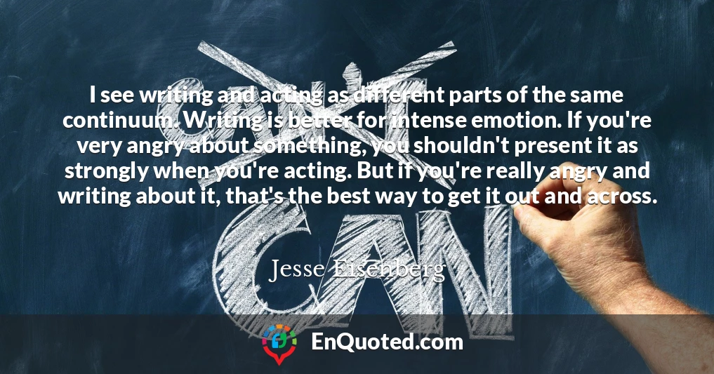 I see writing and acting as different parts of the same continuum. Writing is better for intense emotion. If you're very angry about something, you shouldn't present it as strongly when you're acting. But if you're really angry and writing about it, that's the best way to get it out and across.