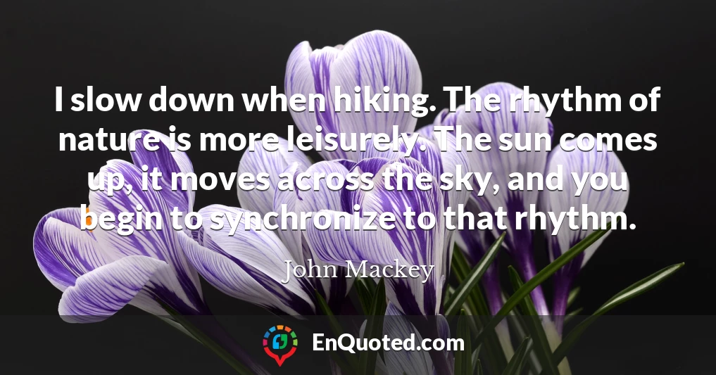 I slow down when hiking. The rhythm of nature is more leisurely. The sun comes up, it moves across the sky, and you begin to synchronize to that rhythm.