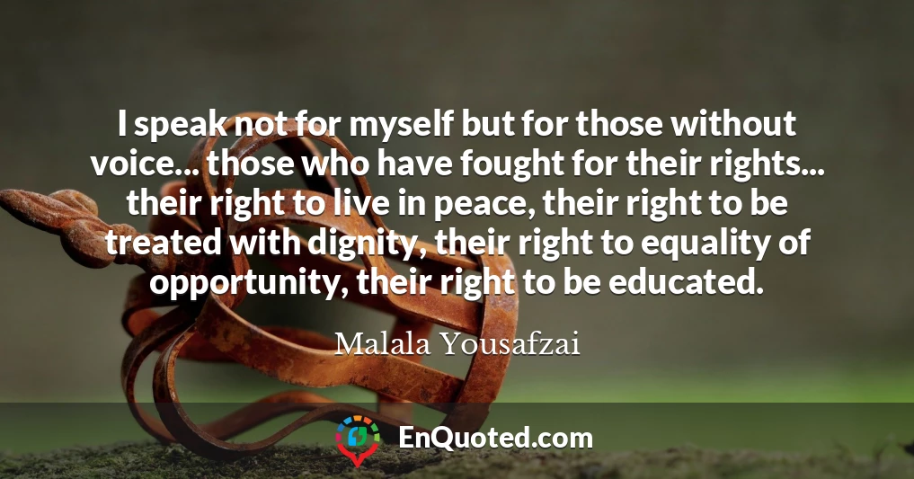 I speak not for myself but for those without voice... those who have fought for their rights... their right to live in peace, their right to be treated with dignity, their right to equality of opportunity, their right to be educated.