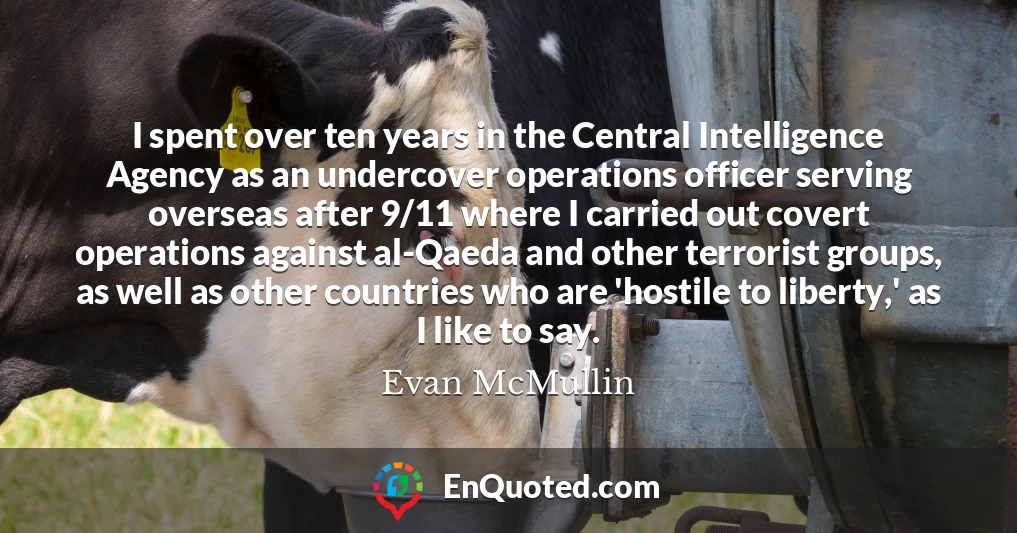 I spent over ten years in the Central Intelligence Agency as an undercover operations officer serving overseas after 9/11 where I carried out covert operations against al-Qaeda and other terrorist groups, as well as other countries who are 'hostile to liberty,' as I like to say.