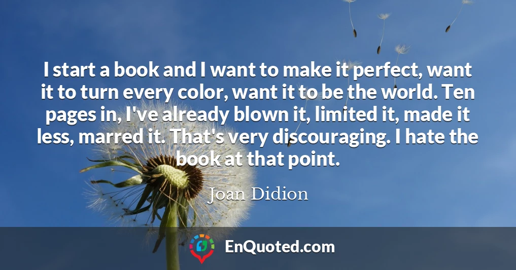 I start a book and I want to make it perfect, want it to turn every color, want it to be the world. Ten pages in, I've already blown it, limited it, made it less, marred it. That's very discouraging. I hate the book at that point.