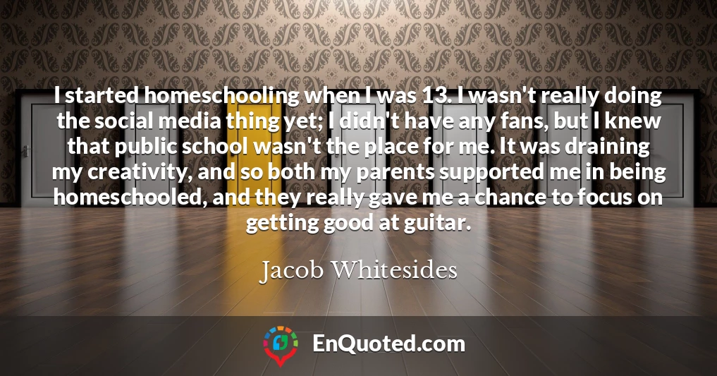 I started homeschooling when I was 13. I wasn't really doing the social media thing yet; I didn't have any fans, but I knew that public school wasn't the place for me. It was draining my creativity, and so both my parents supported me in being homeschooled, and they really gave me a chance to focus on getting good at guitar.