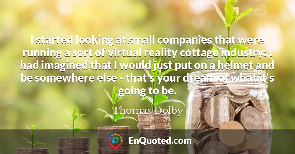 I started looking at small companies that were running a sort of virtual reality cottage industry: I had imagined that I would just put on a helmet and be somewhere else - that's your dream of what it's going to be.