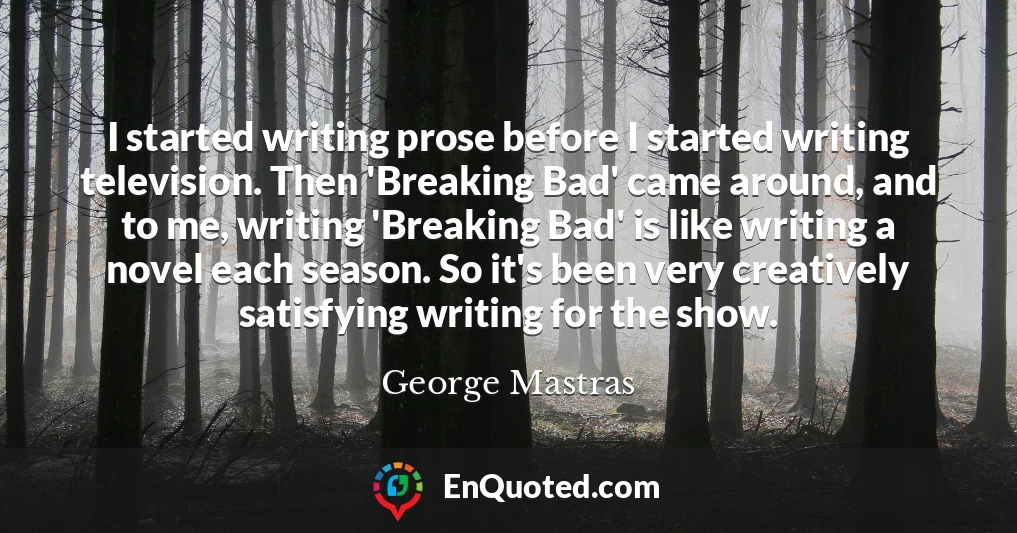 I started writing prose before I started writing television. Then 'Breaking Bad' came around, and to me, writing 'Breaking Bad' is like writing a novel each season. So it's been very creatively satisfying writing for the show.