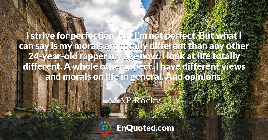 I strive for perfection, but I'm not perfect. But what I can say is my morals are totally different than any other 24-year-old rapper my age now. I look at life totally different. A whole other aspect. I have different views and morals on life in general. And opinions.