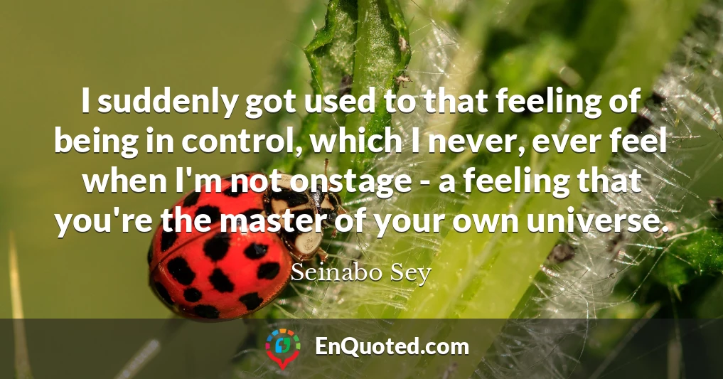 I suddenly got used to that feeling of being in control, which I never, ever feel when I'm not onstage - a feeling that you're the master of your own universe.