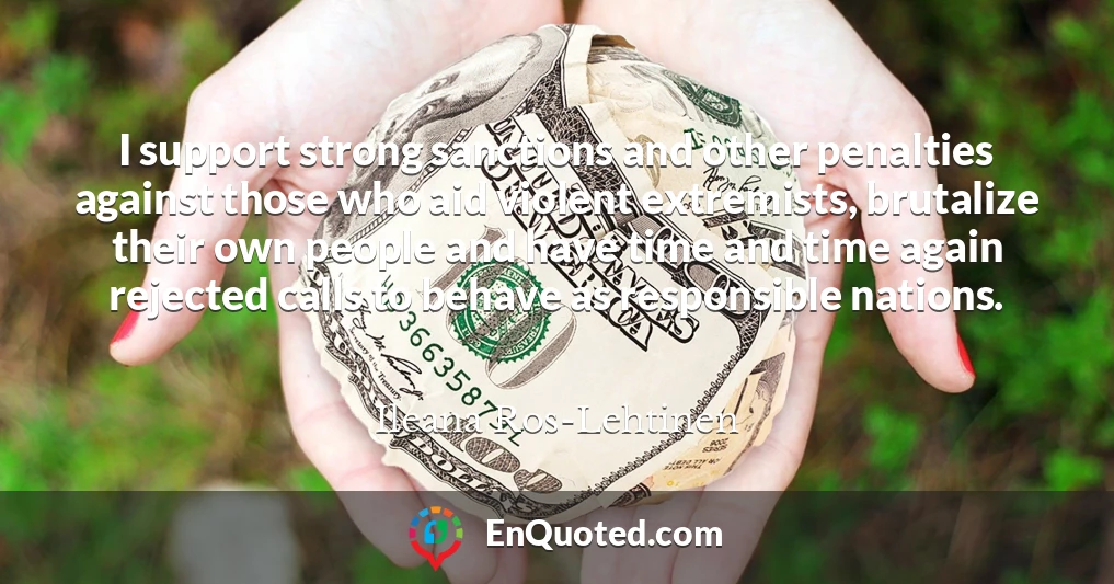 I support strong sanctions and other penalties against those who aid violent extremists, brutalize their own people and have time and time again rejected calls to behave as responsible nations.