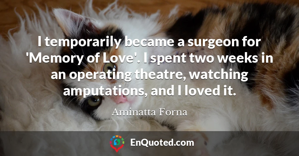 I temporarily became a surgeon for 'Memory of Love'. I spent two weeks in an operating theatre, watching amputations, and I loved it.