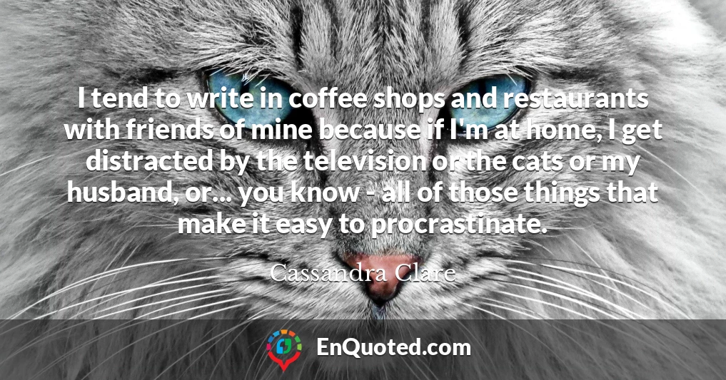 I tend to write in coffee shops and restaurants with friends of mine because if I'm at home, I get distracted by the television or the cats or my husband, or... you know - all of those things that make it easy to procrastinate.