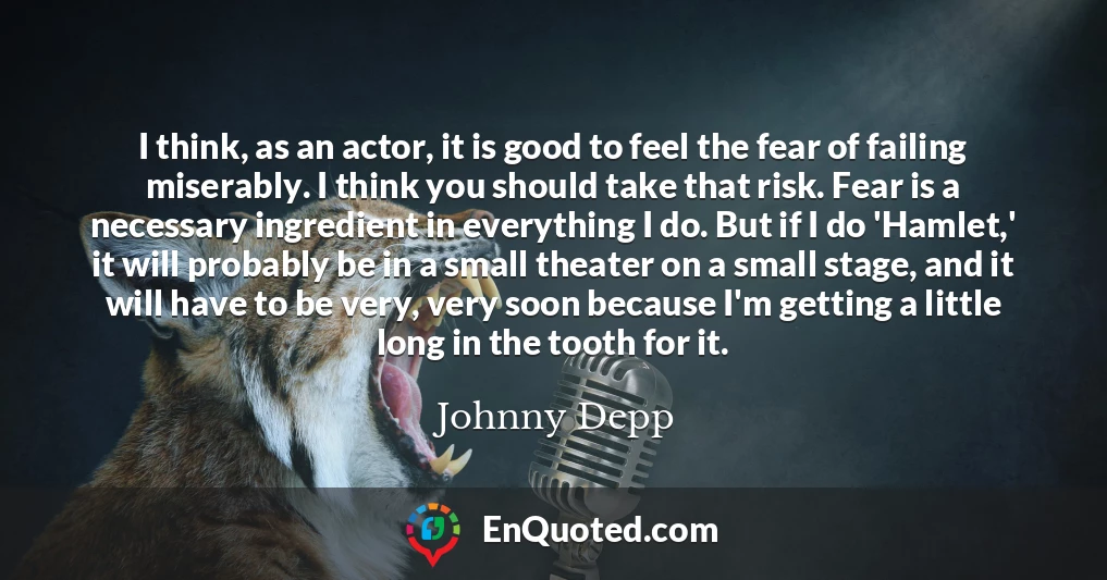 I think, as an actor, it is good to feel the fear of failing miserably. I think you should take that risk. Fear is a necessary ingredient in everything I do. But if I do 'Hamlet,' it will probably be in a small theater on a small stage, and it will have to be very, very soon because I'm getting a little long in the tooth for it.