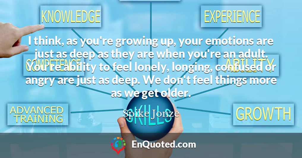 I think, as you're growing up, your emotions are just as deep as they are when you're an adult. You're ability to feel lonely, longing, confused or angry are just as deep. We don't feel things more as we get older.