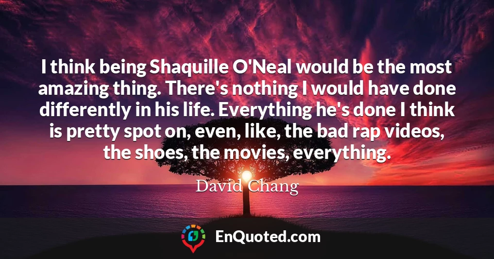I think being Shaquille O'Neal would be the most amazing thing. There's nothing I would have done differently in his life. Everything he's done I think is pretty spot on, even, like, the bad rap videos, the shoes, the movies, everything.