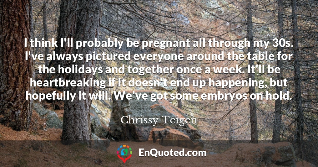 I think I'll probably be pregnant all through my 30s. I've always pictured everyone around the table for the holidays and together once a week. It'll be heartbreaking if it doesn't end up happening, but hopefully it will. We've got some embryos on hold.