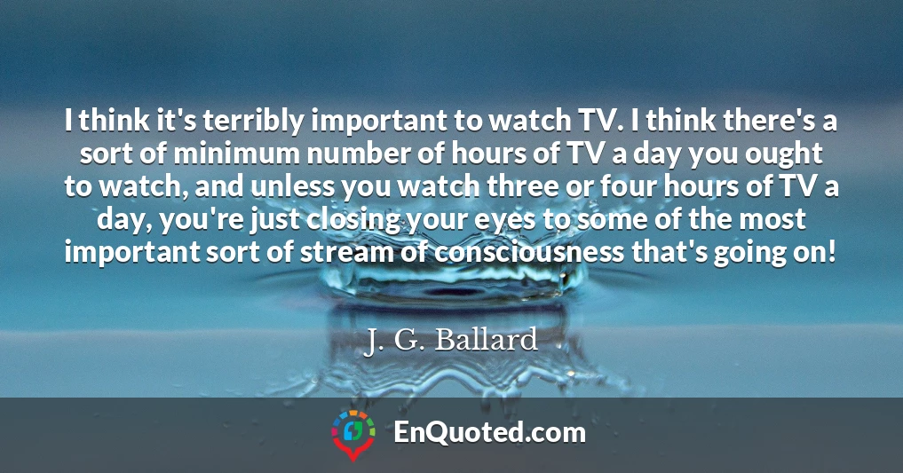 I think it's terribly important to watch TV. I think there's a sort of minimum number of hours of TV a day you ought to watch, and unless you watch three or four hours of TV a day, you're just closing your eyes to some of the most important sort of stream of consciousness that's going on!